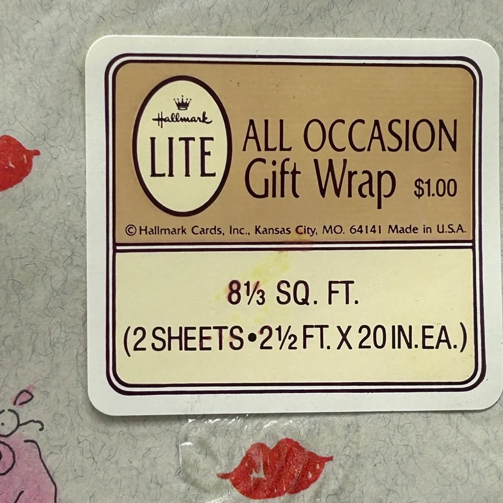 Vintage Gift Wrap Hallmark Lite Hogs & Kisses Square 2 Sheets 8 1/3 Sq. Ft V-Day